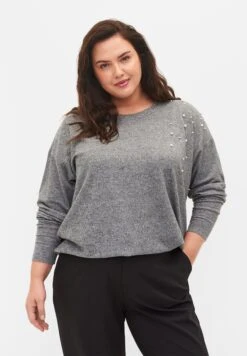Zizzi Long-Sleeved Top With Pearl Detail - Jersey De Punto - Medium Grey Melange